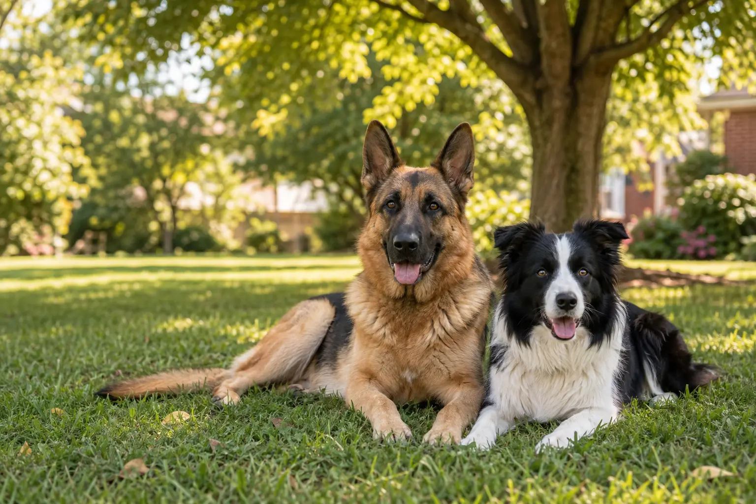 A German shepherd and black-and-white border collie resting together on a sunny lawn
